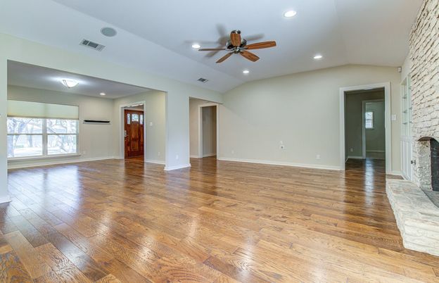 Empty room, Fireplace, Interior, Recessed Lighting, Wood Texture Flooring