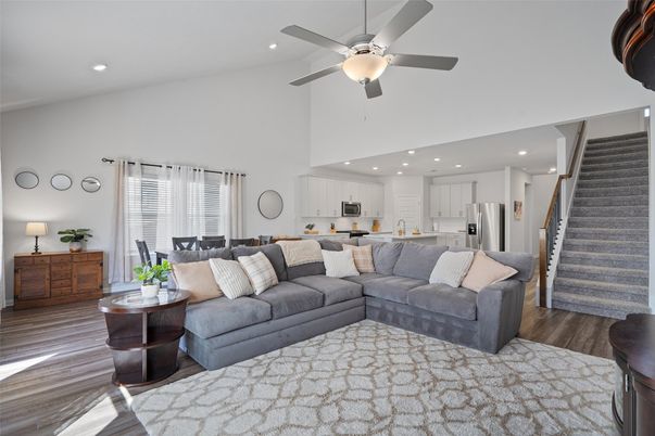 Dining room, Interior, Kitchen, Living room, Recessed Lighting, Stainless Steel Appliances, Wood Texture Flooring