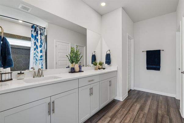 Bathroom, Dual Sink Vanities, Interior, Recessed Lighting, Wood Texture Flooring