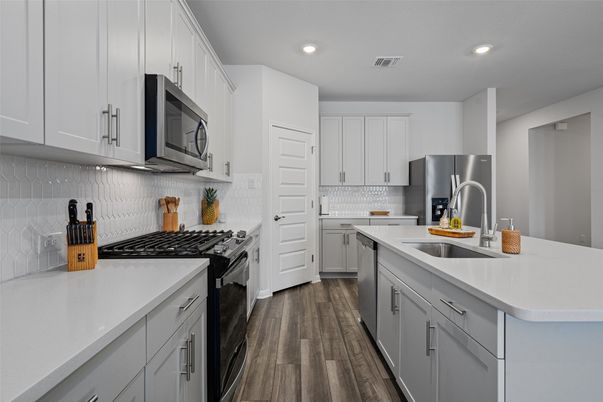 Interior, Kitchen, Recessed Lighting, Stainless Steel Appliances, Wood Texture Flooring