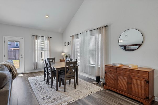 Dining room, Interior, Recessed Lighting, Wood Texture Flooring