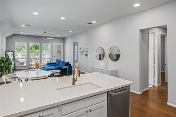 Dining room, Interior, Kitchen, Living room, Recessed Lighting, Wood Texture Flooring