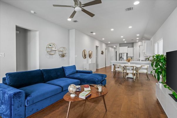 Dining room, Interior, Kitchen, Living room, Recessed Lighting, Stainless Steel Appliances, Wood Texture Flooring