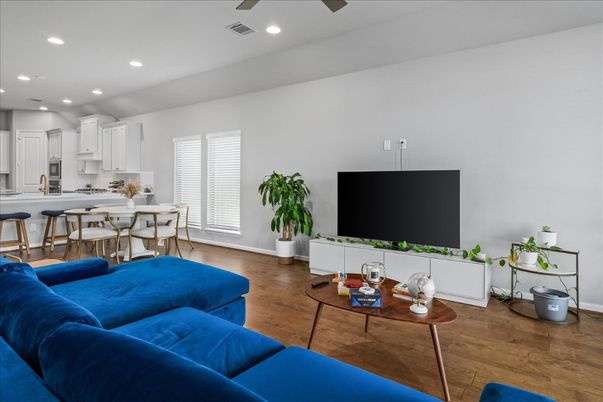Dining room, Interior, Kitchen, Living room, Recessed Lighting, Wood Texture Flooring