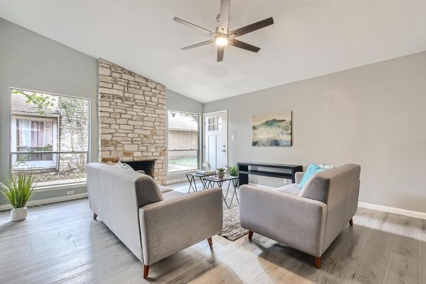 Fireplace, Interior, Living room, Stone Walls, Wood Texture Flooring