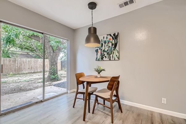 Dining room, Interior, Pendant Lights, Wood Texture Flooring
