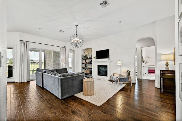 Chandelier, Fireplace, Interior, Living room, Recessed Lighting, Wood Texture Flooring