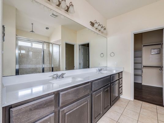 Bathroom, Dual Sink Vanities, Glass Shower, Interior, Wood Texture Flooring