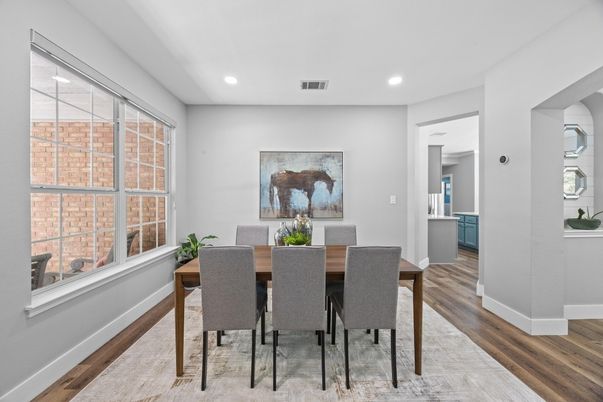 Dining room, Interior, Recessed Lighting, Wood Texture Flooring