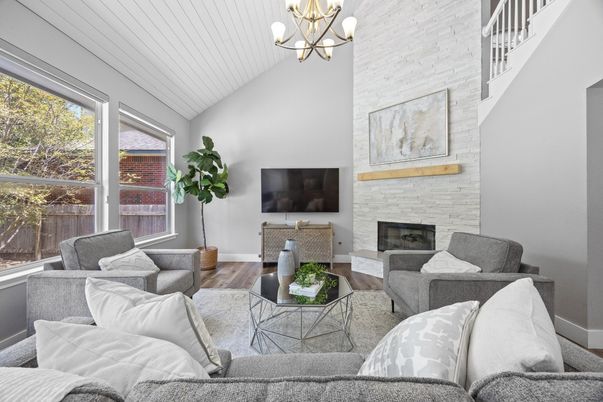 Chandelier, Fireplace, Interior, Living room, Stone Walls, Wood Texture Flooring