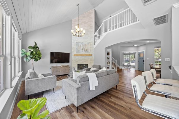 Chandelier, Fireplace, Interior, Living room, Recessed Lighting, Wood Texture Flooring