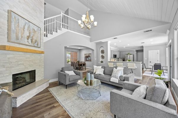 Chandelier, Dining room, Fireplace, Interior, Kitchen, Living room, Recessed Lighting, Stone Walls, Wood Texture Flooring