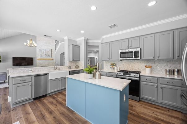Interior, Kitchen, Recessed Lighting, Stainless Steel Appliances, Wood Texture Flooring