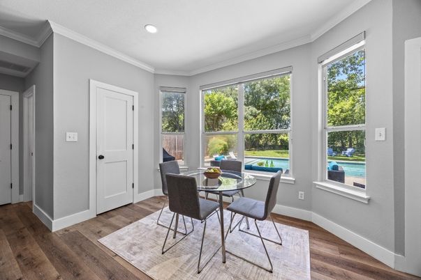 Dining room, Interior, Recessed Lighting, Wood Texture Flooring