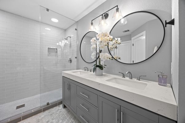 Bathroom, Dual Sink Vanities, Glass Shower, Interior, Recessed Lighting