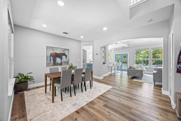 Dining room, Interior, Living room, Recessed Lighting, Wood Texture Flooring