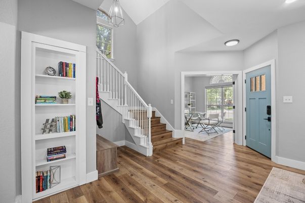 Dining room, Interior, Pendant Lights, Recessed Lighting, Wood Texture Flooring