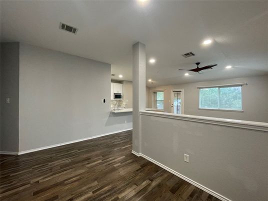 Empty room, Interior, Kitchen, Recessed Lighting, Wood Texture Flooring