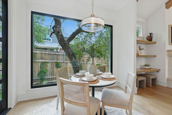 Dining room, Interior, Pendant Lights, Wood Texture Flooring