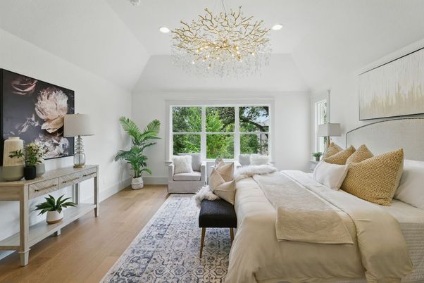 Bedroom, Chandelier, Interior, Recessed Lighting, Wood Texture Flooring