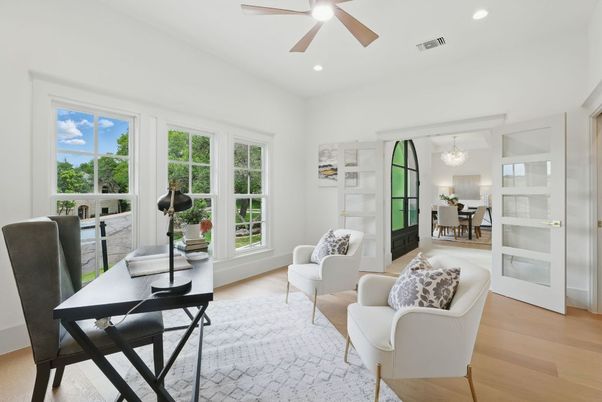 Chandelier, Home Office, Interior, Recessed Lighting, Wood Texture Flooring