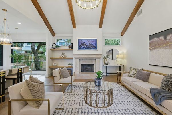 Dining room, Fireplace, Interior, Living room, Pendant Lights, Recessed Lighting, Wooden Beams, Wood Texture Flooring