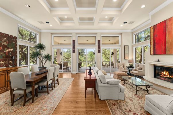 Dining room, Fireplace, Interior, Living room, Recessed Lighting, Wood Texture Flooring
