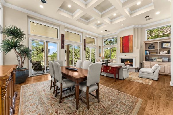 Dining room, Fireplace, Interior, Living room, Recessed Lighting, Wood Texture Flooring