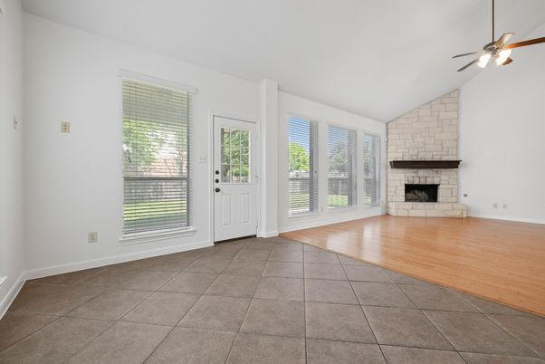 Empty room, Fireplace, Interior, Stone Walls, Wood Texture Flooring