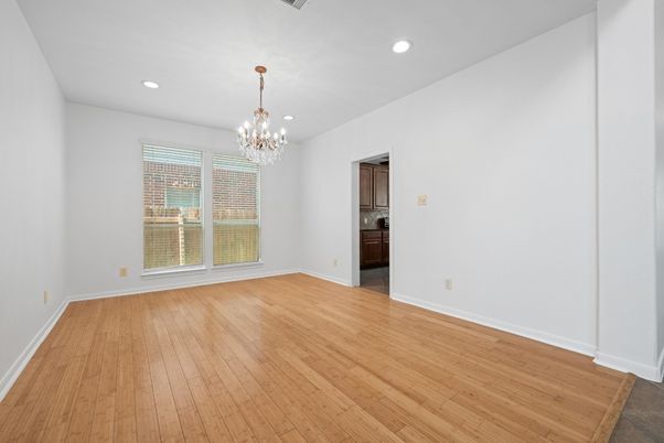 Chandelier, Empty room, Interior, Recessed Lighting, Wood Texture Flooring