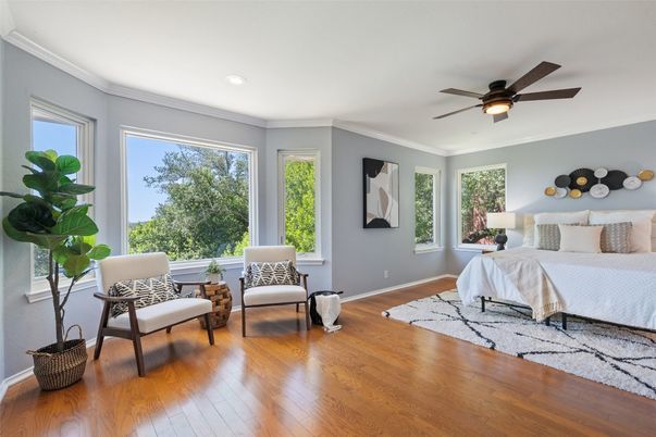 Bedroom, Interior, Recessed Lighting, Wood Texture Flooring