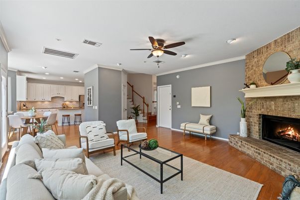 Dining room, Fireplace, Interior, Kitchen, Living room, Recessed Lighting, Stone Walls, Wood Texture Flooring