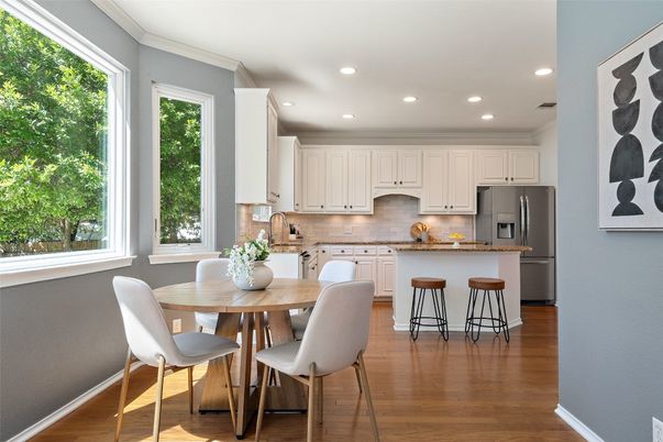 Dining room, Interior, Kitchen, Recessed Lighting, Stainless Steel Appliances, Wood Texture Flooring