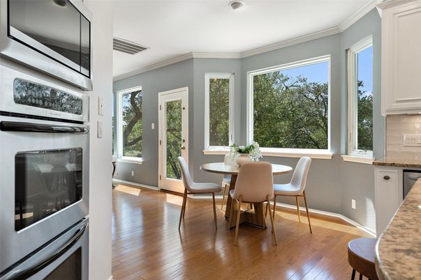 Dining room, Interior, Recessed Lighting, Wood Texture Flooring
