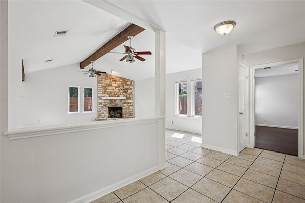 Empty room, Fireplace, Interior, Stone Walls, Wooden Beams