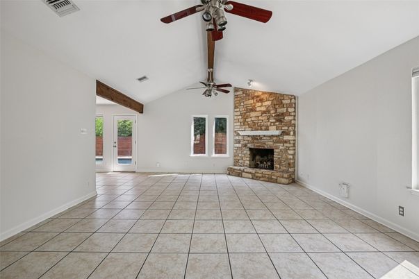Empty room, Fireplace, Interior, Stone Walls, Wooden Beams