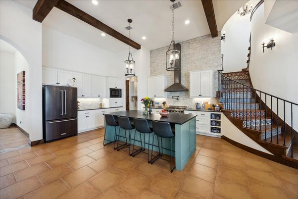 Interior, Kitchen, Pendant Lights, Recessed Lighting, Stainless Steel Appliances, Stone Walls, Wooden Beams