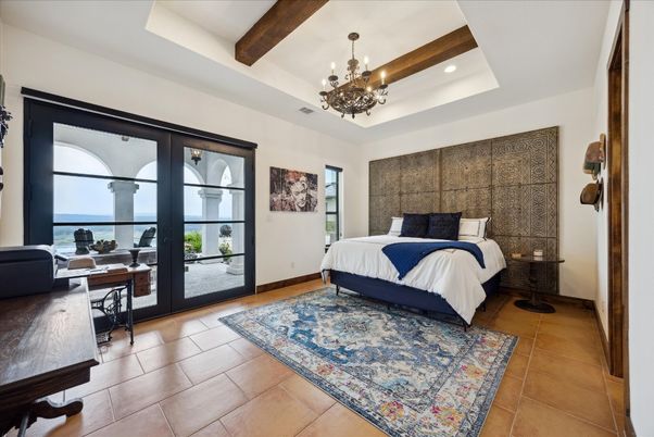 Bedroom, Chandelier, Interior, Recessed Lighting, Water, Wooden Beams