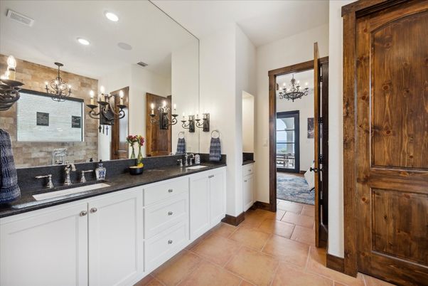 Bathroom, Chandelier, Dual Sink Vanities, Interior, Recessed Lighting