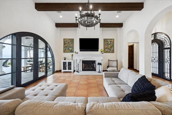 Chandelier, Fireplace, Interior, Living room, Recessed Lighting, Wooden Beams