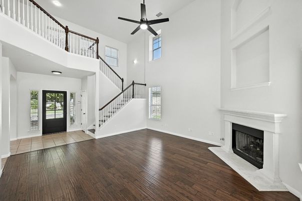 Fireplace, Interior, Recessed Lighting, Wood Texture Flooring