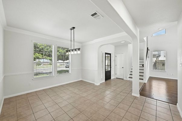 Empty room, Interior, Pendant Lights, Recessed Lighting, Wood Texture Flooring