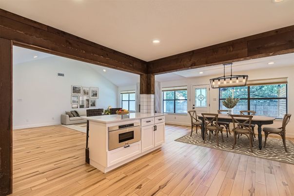 Dining room, Interior, Kitchen, Living room, Pendant Lights, Recessed Lighting, Wooden Beams, Wood Texture Flooring