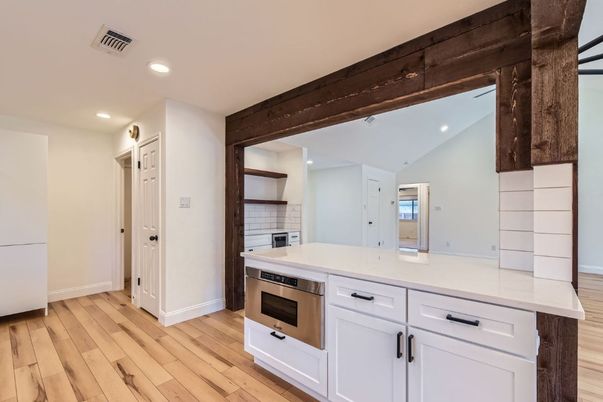 Interior, Kitchen, Recessed Lighting, Stainless Steel Appliances, Wooden Beams, Wood Texture Flooring