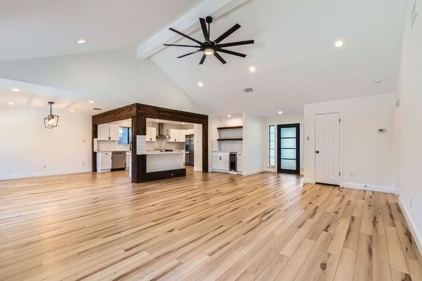Empty room, Interior, Kitchen, Pendant Lights, Recessed Lighting, Wood Texture Flooring