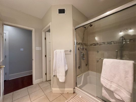 Bathroom, Glass Shower, Interior, Wood Texture Flooring