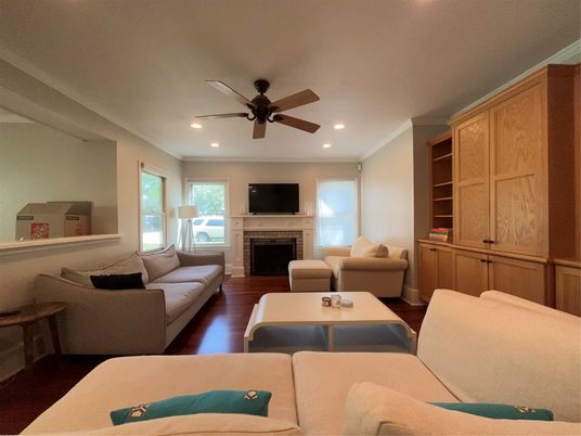 Fireplace, Interior, Living room, Recessed Lighting, Wood Texture Flooring