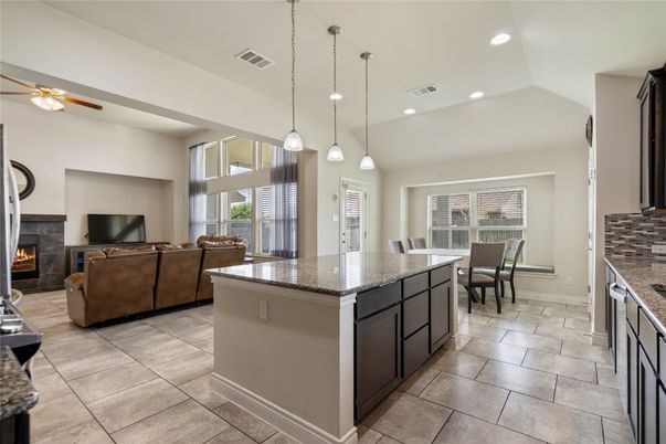 Dining room, Fireplace, Interior, Kitchen, Living room, Pendant Lights, Recessed Lighting