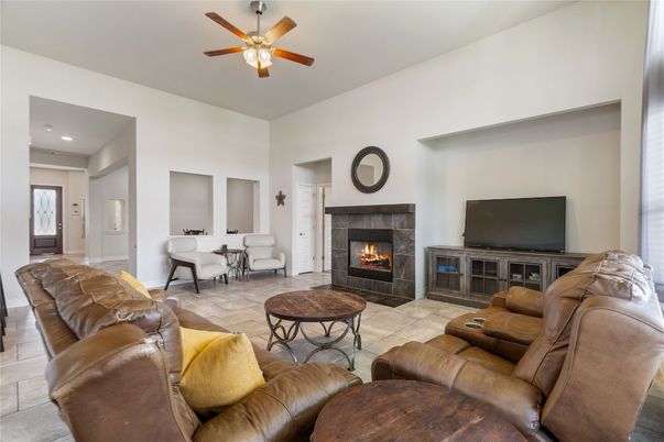 Dining room, Fireplace, Interior, Living room, Recessed Lighting