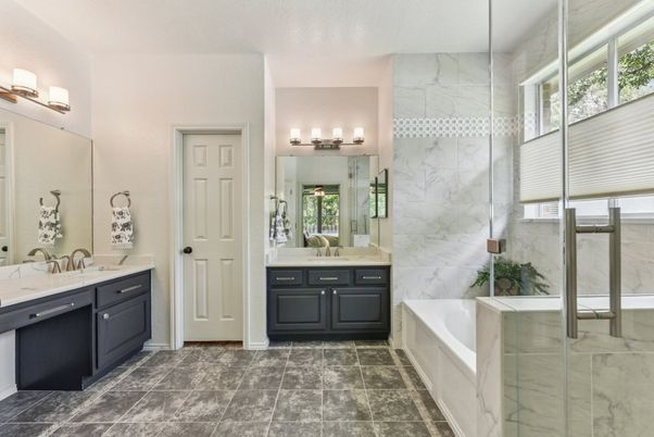 Bathroom, Dual Sink Vanities, Glass Shower, Interior, Marble Walls